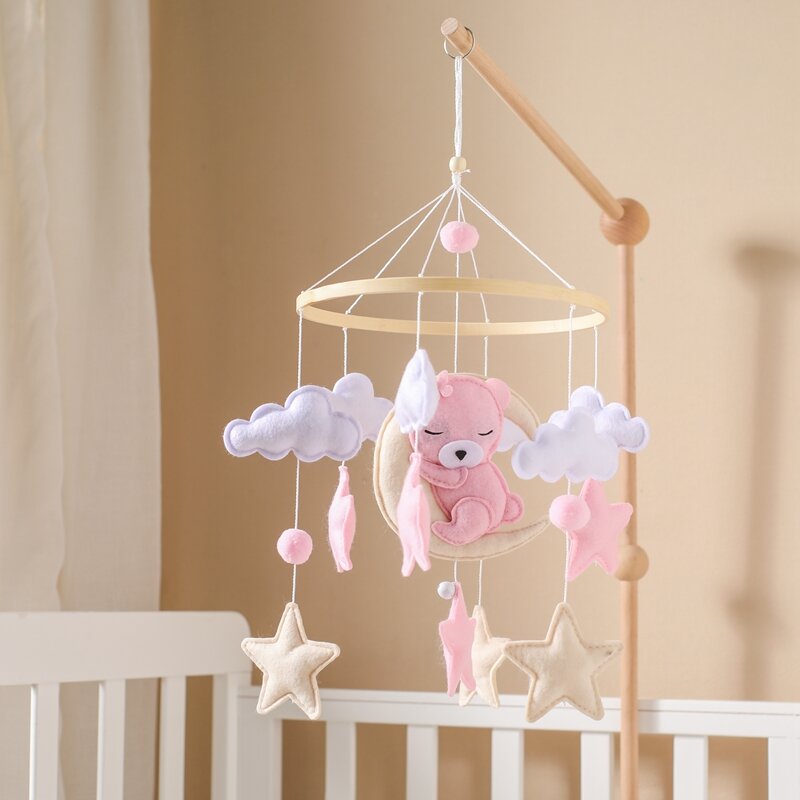 Crib Mobile Baby Wooden Bed Bell Baby Rattles Soft Felt Cartoon Bear Toys Hanger Crib Mobile Bed Bell Wood Toy Bracket Kid Gifts