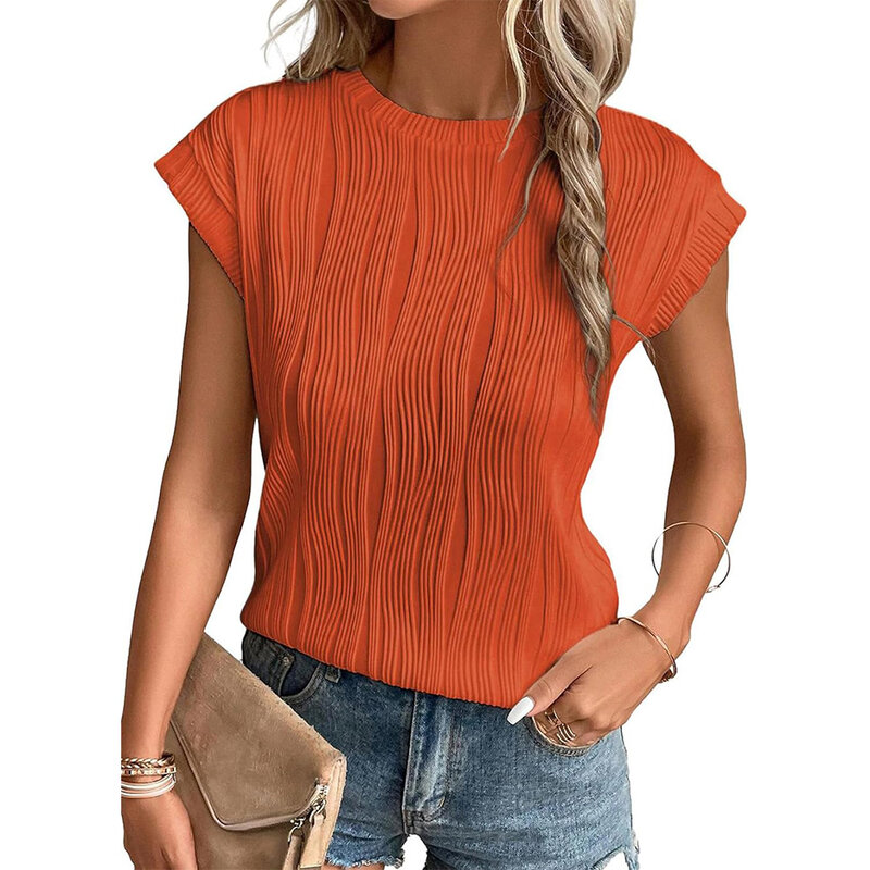 Womens Short Sleeve Textured Tops Crewneck Knit Solid Loose Casual Basic T Shirts Tee Blouses