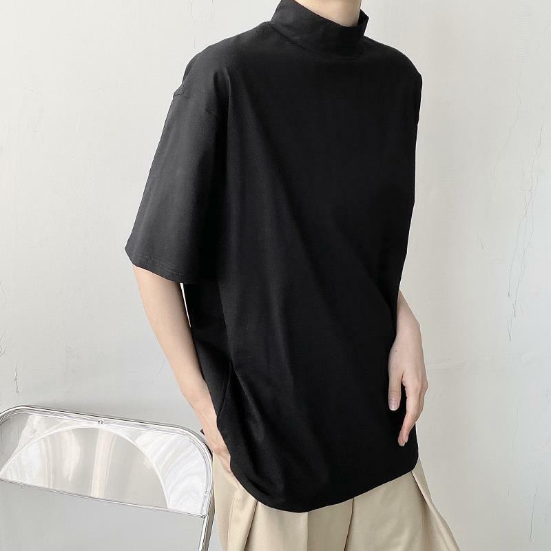 Moletom de gola alta de manga curta masculino, moda Harajuku coreana, roupa casual que combina com tudo, sólido macio, rua, verão, novo
