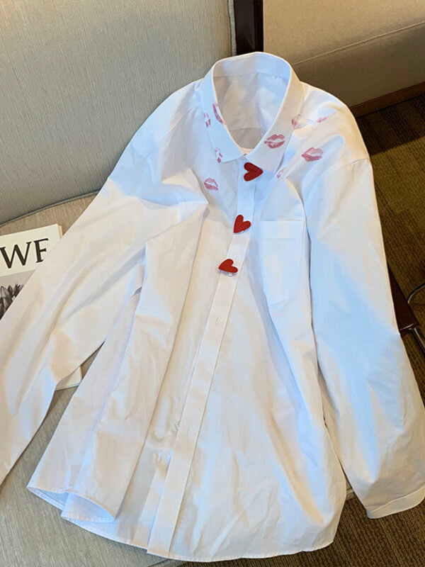 Deeptown-Blusa feminina com estampa de batom, estilo coreano, harajuku, camisa extragrande, elegante, solta, casual, combina tudo, tops de botão, streetwear