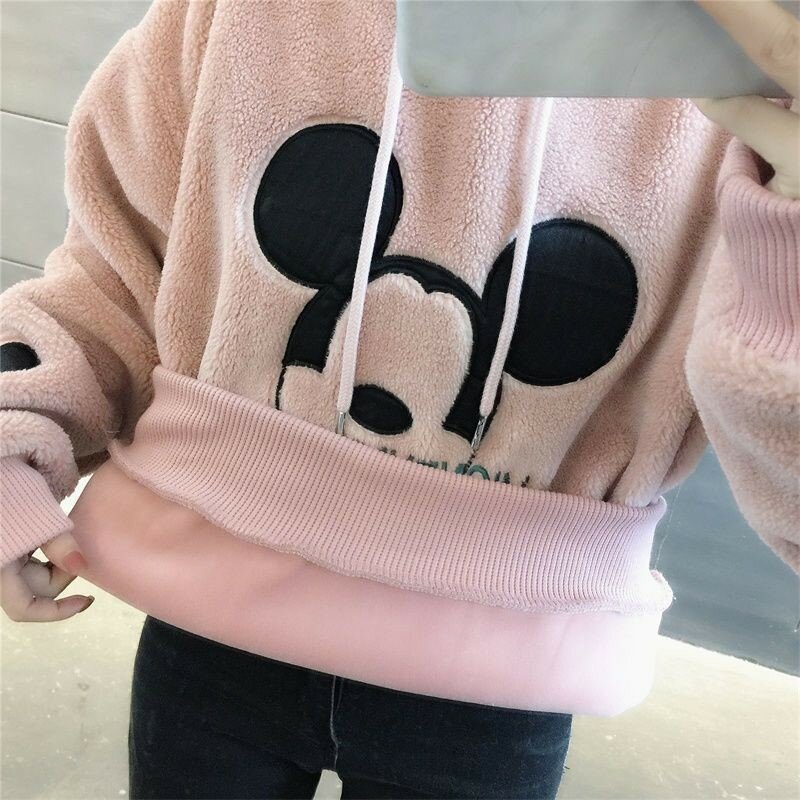 Disney-sudaderas con capucha de Mickey y Minnie Mouse para mujer, jersey de dibujos animados, Tops, ropa de terciopelo, Otoño e Invierno