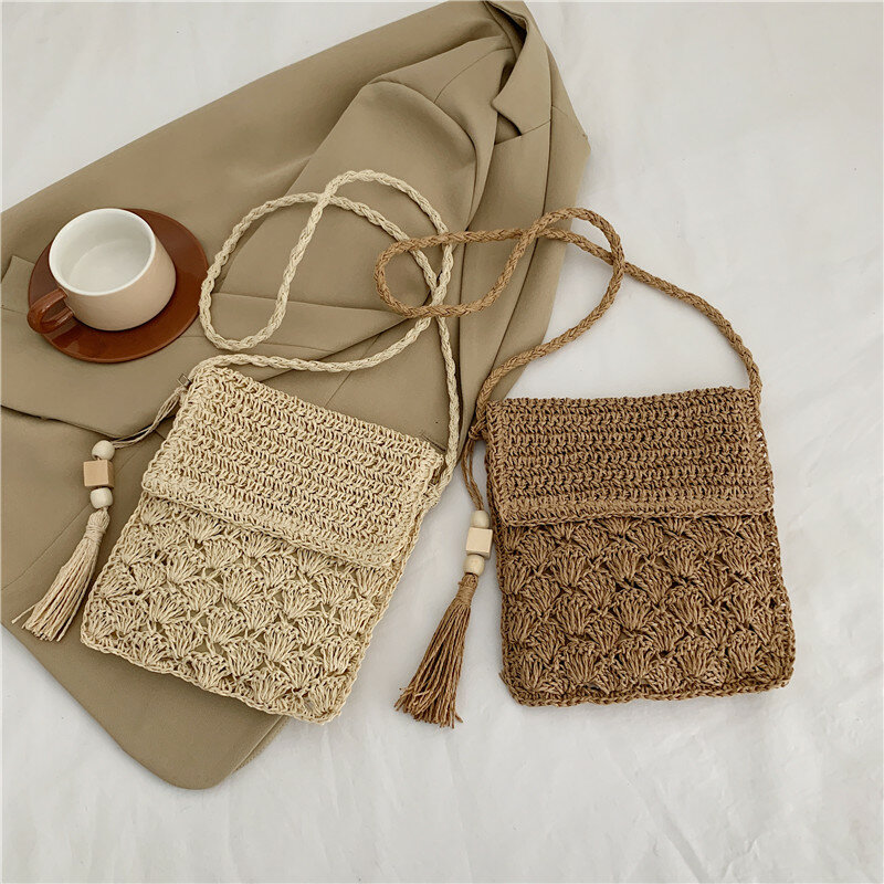 Tas selempang jerami sederhana untuk wanita tas bahu anyaman musim panas dompet belanja tas tangan pantai tas tangan jerami tas perjalanan
