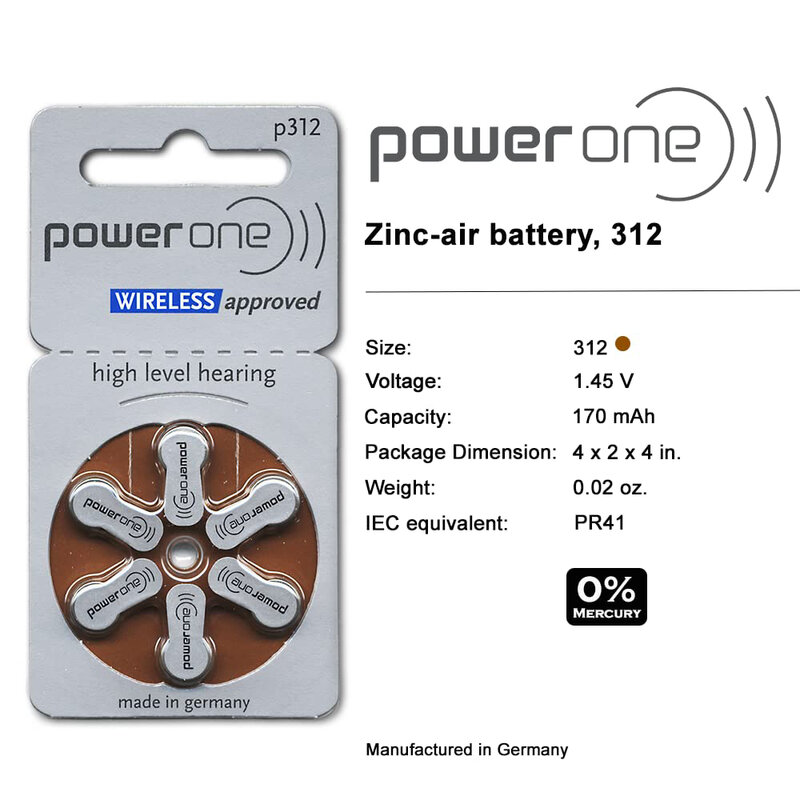Poder One-P312 Hearing Aid Battery, Zinc Air, sem fio aprovado, livre de mercúrio, 1.45V, Pr41