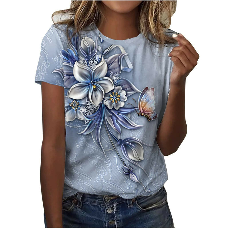 Women'S Blouse Fashionable Fashion Plant Printed Women Pullovers Vintage Round Neck Summer Short Sleeves Women Shirts Y2k 오프숄더