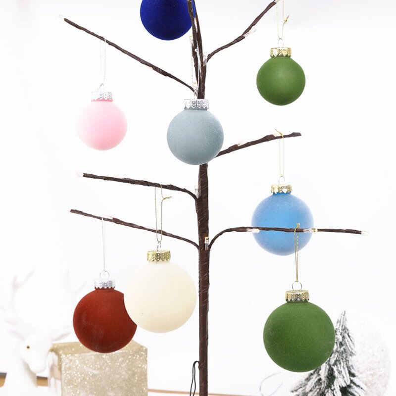 フロックなクリスマスボール、アソートブルーズ、クリスマスツリー用の吊り下げ装飾、卸売、6cm、12個