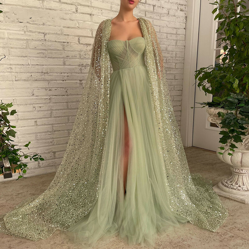 Зеленое ТРАПЕЦИЕВИДНОЕ платье для выпускного вечера с блестками кружевная накидка милое с Высоким Разрезом Длинное Вечернее Платье для официальной вечеринки привлекательное великолепное