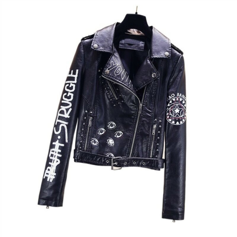 Jaket kulit PU wanita kerah Punk jaket kulit sabuk dicetak jaket pendek keling sepeda motor