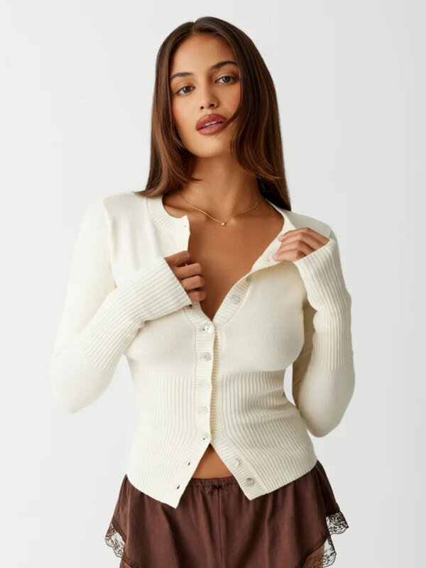 JULISSA MO Long Sleeve Knitted Single-breasted Buttons Cardigan Sweater Women Crew Skinny Versatile Ribbed Woolen Bottom Top