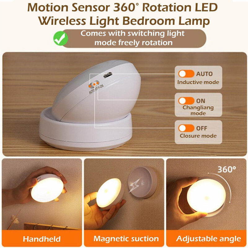 PIR Sensor de Movimento LED Night Light, USB Recarregável, Lâmpada para Cozinha, Armário, Guarda-roupa, Escada, Lâmpadas sem fio