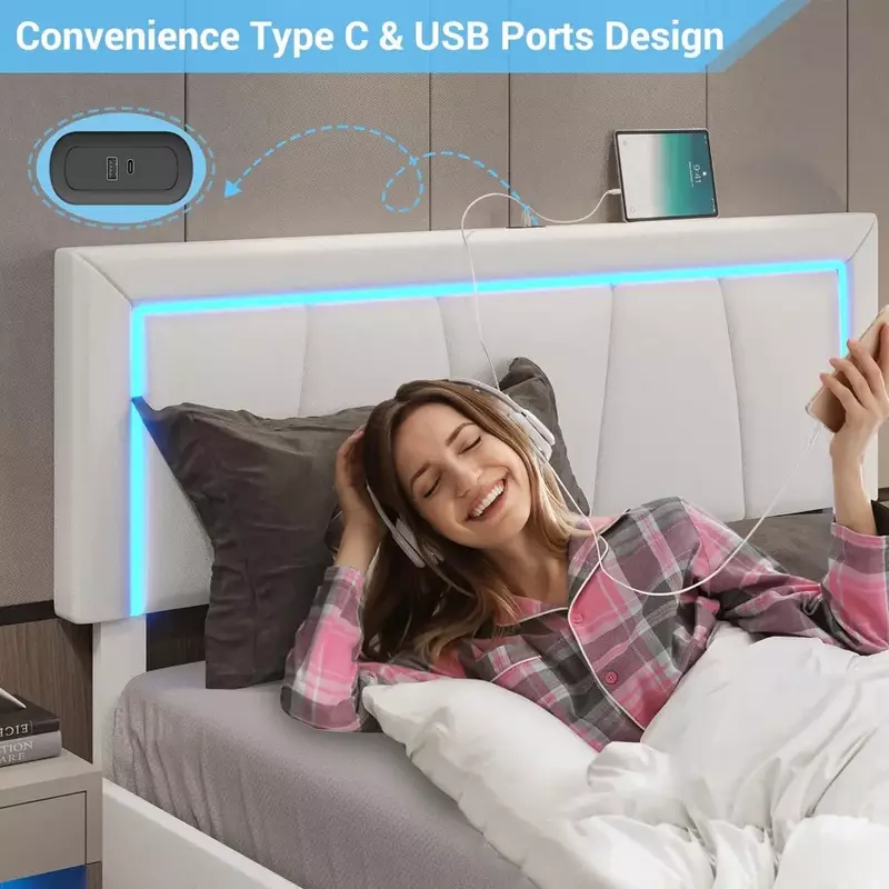 Faux Leather estofados Bed Frame com USB, gavetas de armazenamento e luzes LED, cama queen size com USB