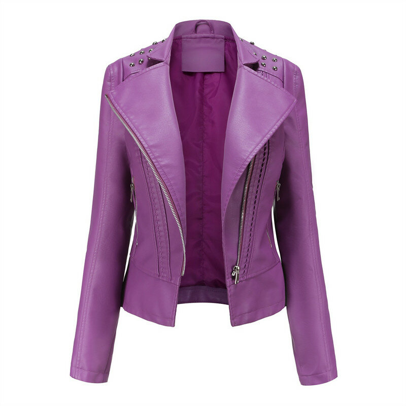 Pink Lapel Long Sleeve PU Jacket Women's Slim Fit Motorcycle Coat Women Fashion Casual Leather Jacket of Female Outerwear