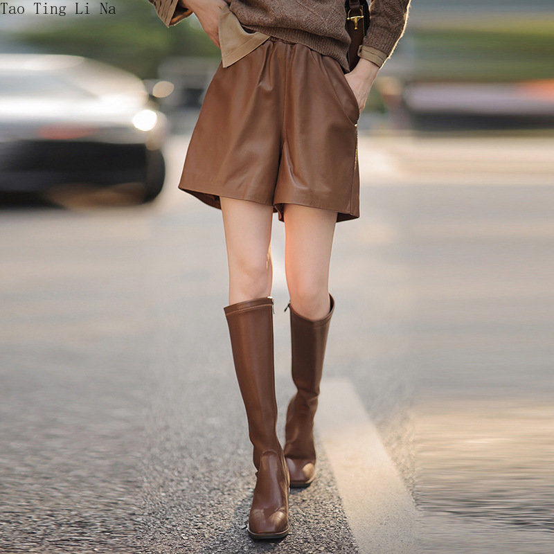 2023 New High Waist Casual Genuine Sheepskin Leather Shorts Loose Wide Leg Comfortable Real Leather Shorts W26