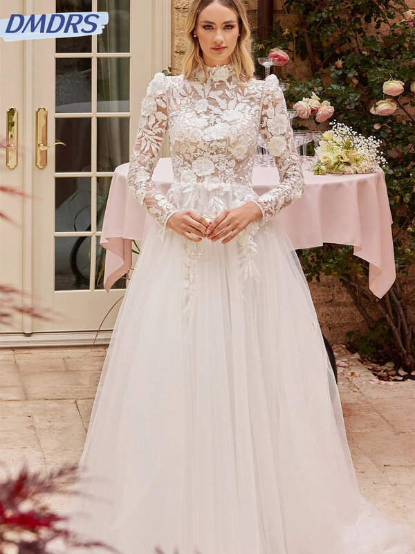 Vestido de noiva clássico com renda, manga comprida, elegante vestido nupcial, até o chão, romântico, 2024