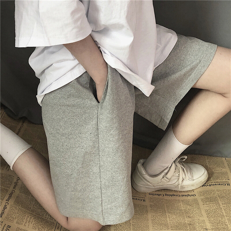Pantalones cortos grises para mujer, Shorts elásticos de cintura alta, ropa de calle de pierna ancha de gran tamaño, Unisex