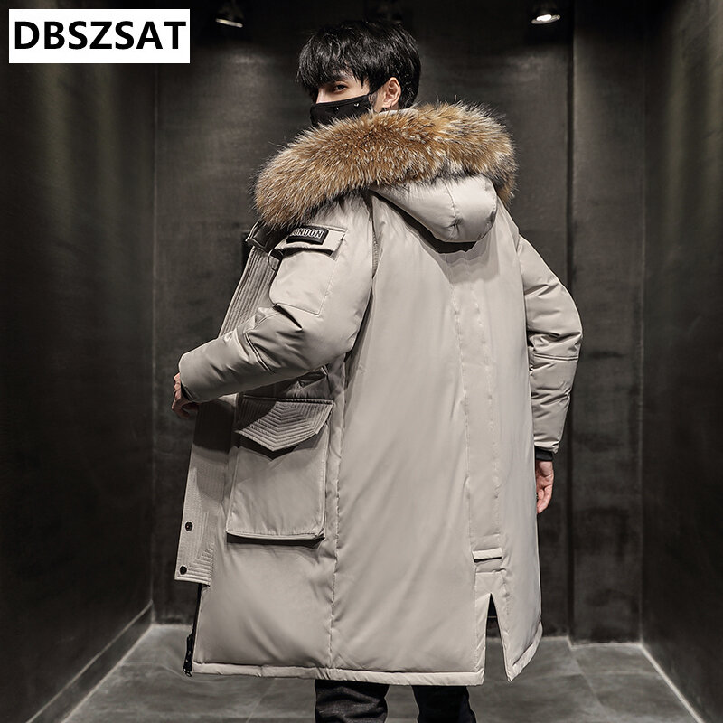 XKK mantel bertudung untuk pria, mantel bulu tebal, jaket panjang Down bertudung hangat longgar warna putih bebek musim dingin 2025