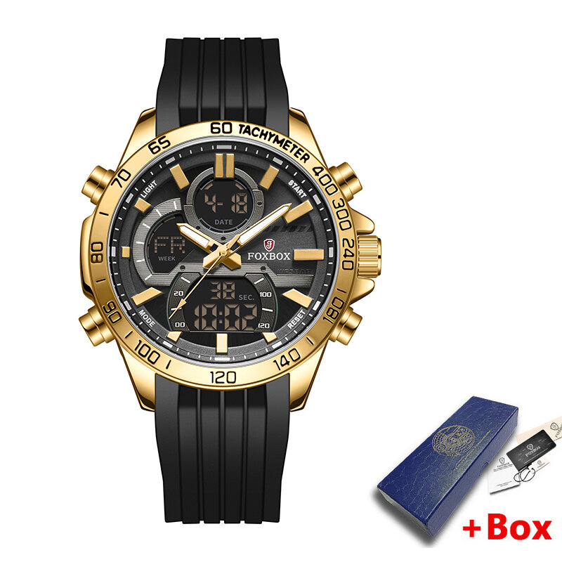 LIGE luksusowy męski zegarek biznesowy FOXBOX ze stali nierdzewnej kwarcowy męski zegarek wodoodporny świecący podwójny wyświetlacz zegarki męskie