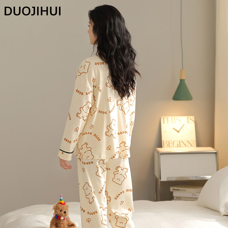 DUOJIHUI Two Piece New Pure Color Women's Pajamas Set V-neck Cardigan Basic Pant Fashion with Chest Pad Casual Pajamas for Women