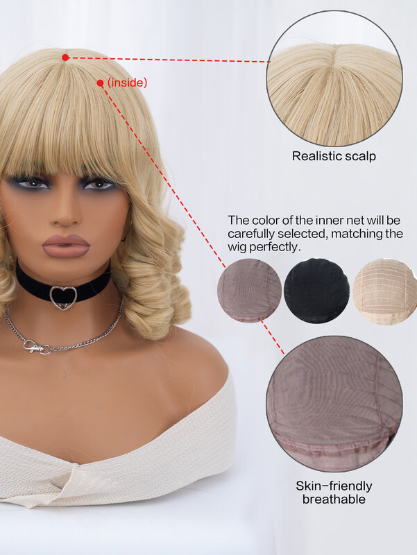 14Inch Blond Color Synthetic Wigs With Bang Short Natural Wavy Hair Wig For Women Daily Use Cosplay Drag Queen Heat Resistant