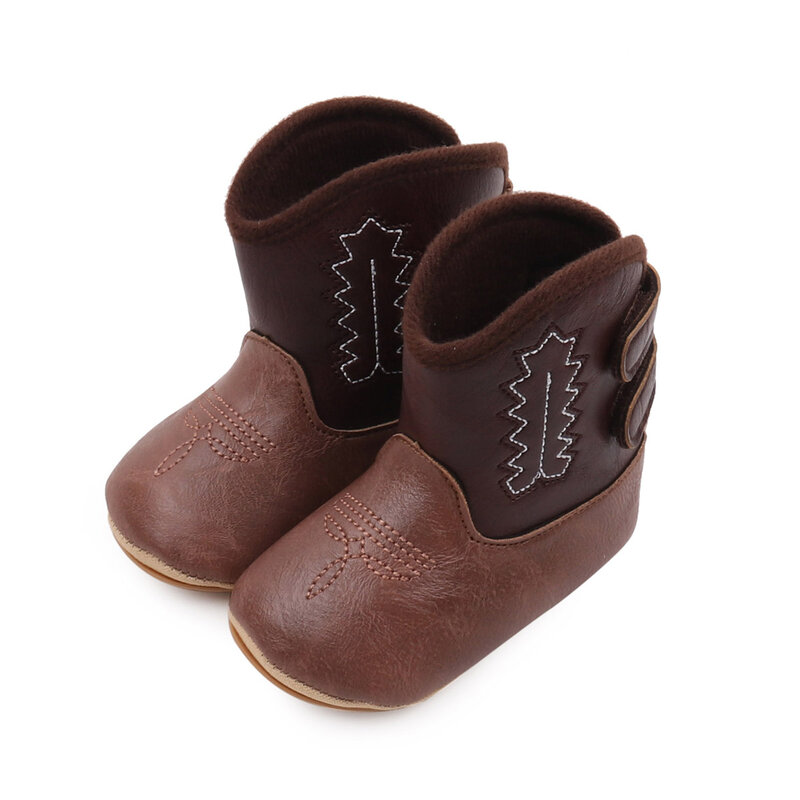 Sepatu bot kulit koboi barat bayi, sneaker bot bawah lembut Anti slip untuk bayi laki-laki dan perempuan musim dingin