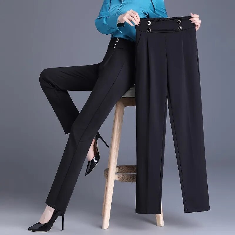 Celana setelan wanita Korea, celana Harem wanita Solid pinggang tinggi, elastis, pakaian jalanan Musim Semi, celana mode kasual tipis, celana kantor wanita