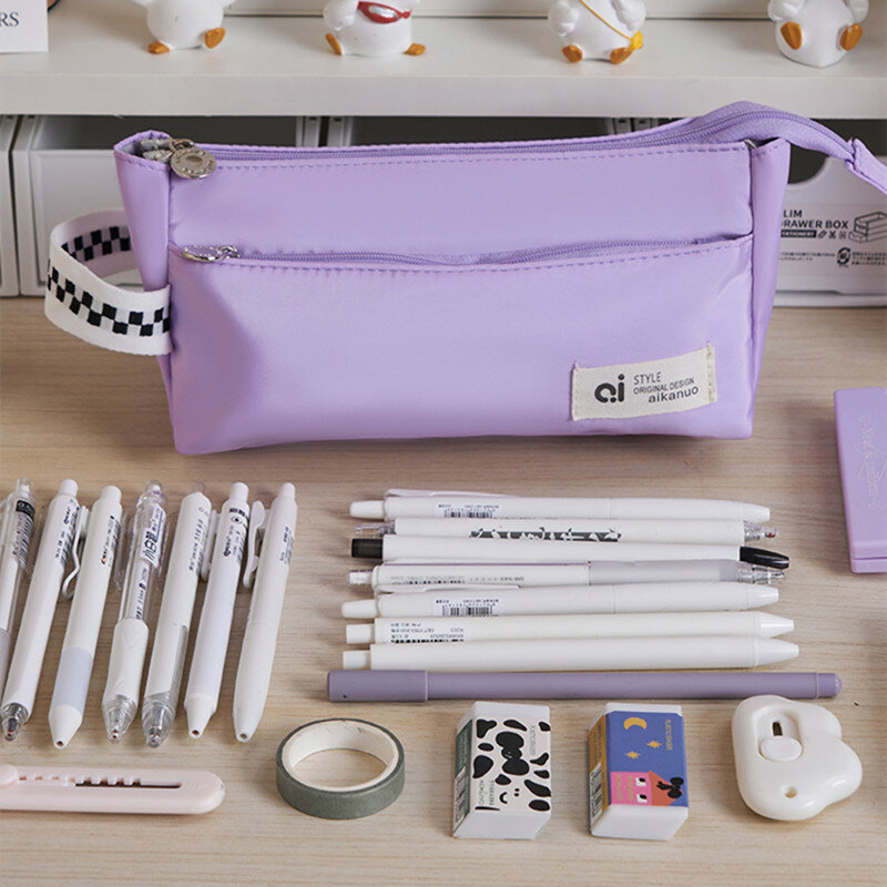 심플한 연필 케이스, 한국 패션 단색 시리즈 연필 가방, 3 레이어 대용량 문구 보관 가방, 학생 용품