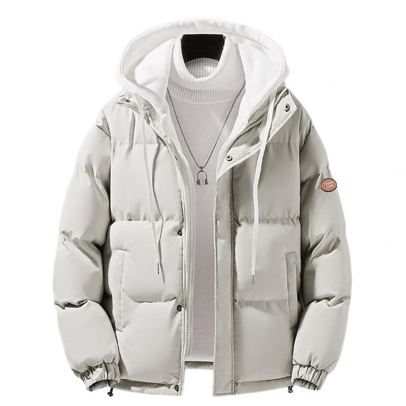 남성용 가짜 투피스 디자인 코트, 남성용 후드 코트, 지퍼 플래킷 포켓, 방풍 두꺼운 면, 가을 겨울 코트