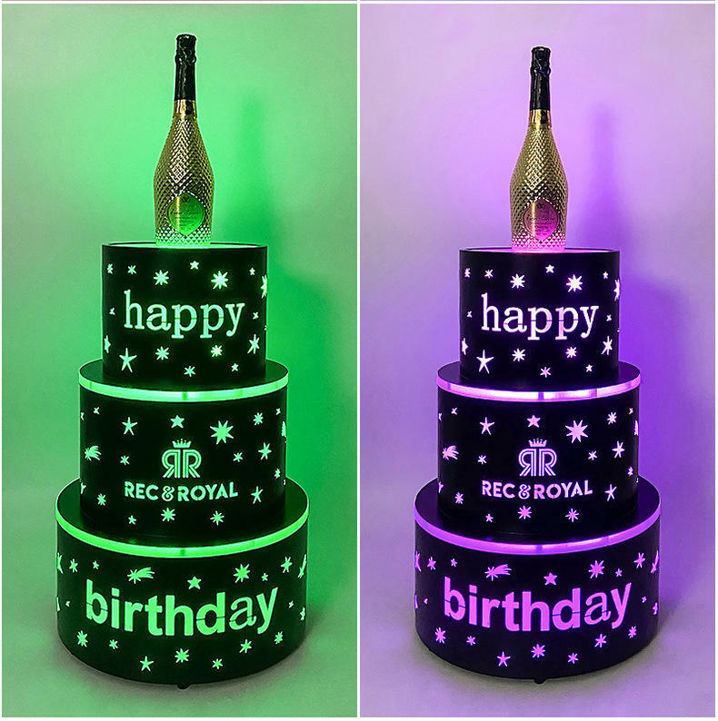 Glorifier de gâteau de boîte de nuit personnalisé, champagne, VIP, joyeux anniversaire, service VIP, 3 couches, LED, présentateur de bouteille de gâteau