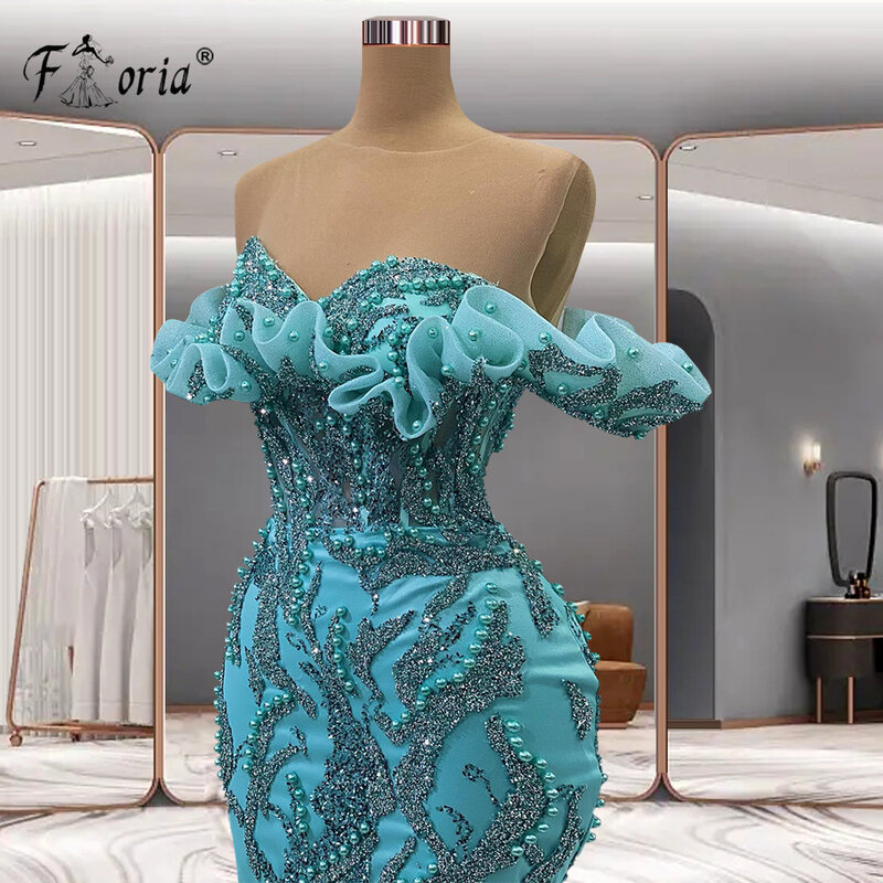 Delicate Crystal Pearls Mermaid Evening Dress Full Beadings Ruffles Sparkly Sequins Backless Green Prom Dresses Robe De Soiree