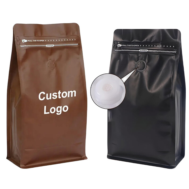 Prodotto personalizzato, sacchetto a fondo piatto con chiusura a Zip per alimenti in foglio di alluminio personalizzato sacchetti per imballaggio in plastica per caffè con Valv