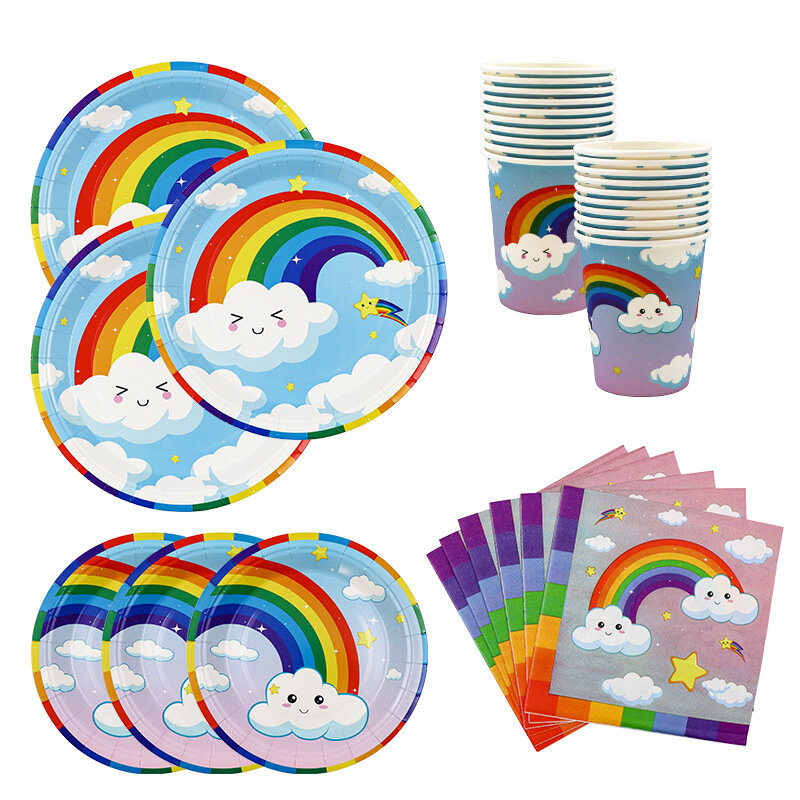 Hot Sale Rainbow Cute Paper Plates Napkins Disposable Party Supplies For Kids Sweet Cartoon Prints Girl Boy Birthday Baby Shower