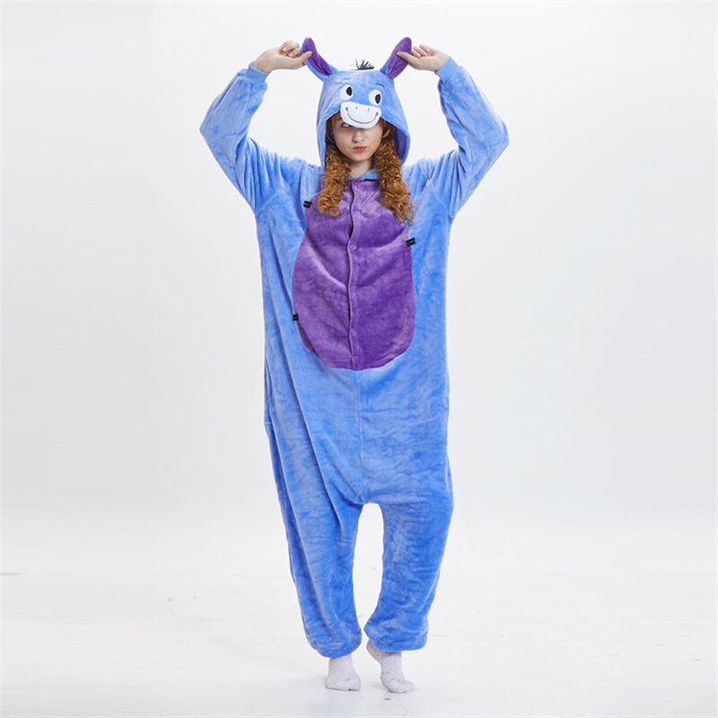 Adult Unisex Cartoon Donkey Animal Onesies Men and Women Nightwear Flannel Sleepwear One-piece Pajamas Cosplay Costumes Couple