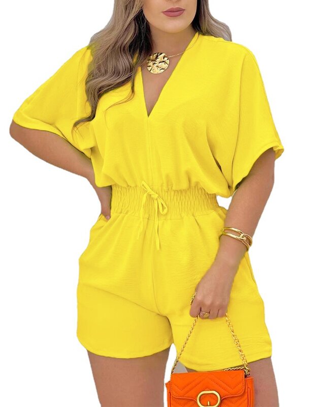 Summer Women Solid Color V-Neck Lace Up Playsuits Pullover Elastic Waist Shorts Half Sleeve Loose Fitting Casual Straight Pants