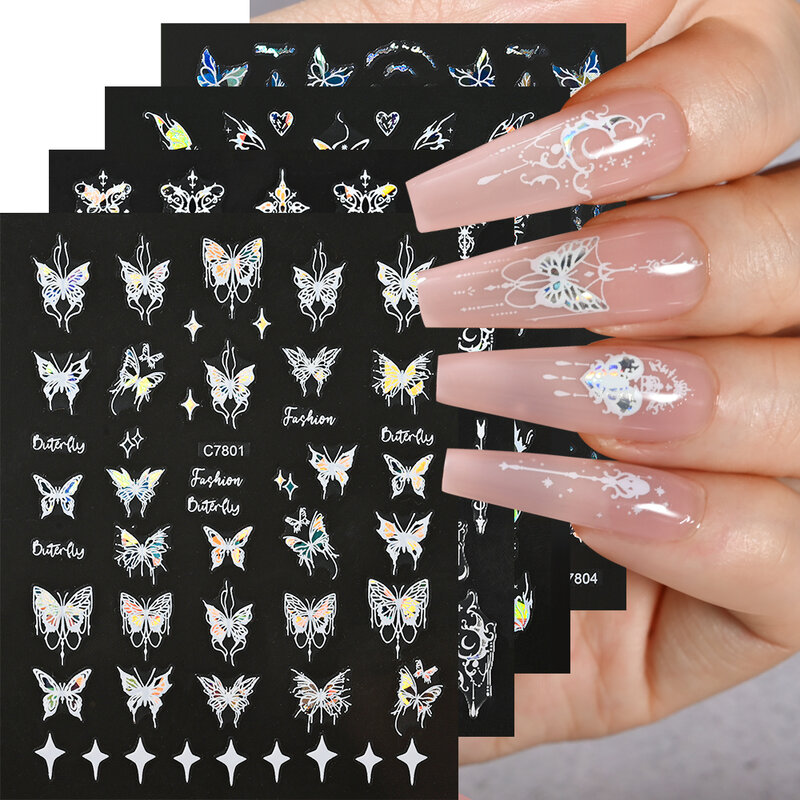 4 Sheet Laser White Black Butterfly 3D Nails Sticker Hollow Butterfly Pattern Adhesive Slider Y2K-Style Art Decals DIY Manicure*