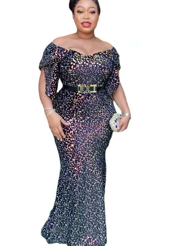 Eleganckie sukienki afrykańskie dla kobiet Plus rozmiar cekinowe długa suknia wieczorowa 2024 nowe odzież z afryki