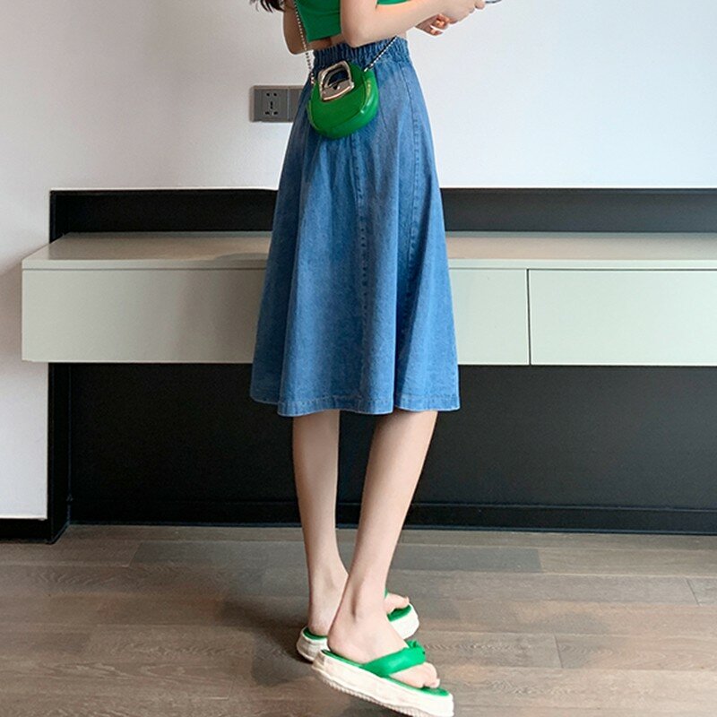 Женская Повседневная юбка с высокой талией, однотонная элегантная трапециевидная юбка из денима в Корейском стиле, модель W1715 на весну, 2024