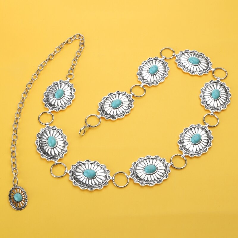 เข็มขัดสำหรับสตรีเอวเข็มขัด Chain Belly Chain สำหรับชุด Western Turquoise เข็มขัด Turquoise เอว Chain