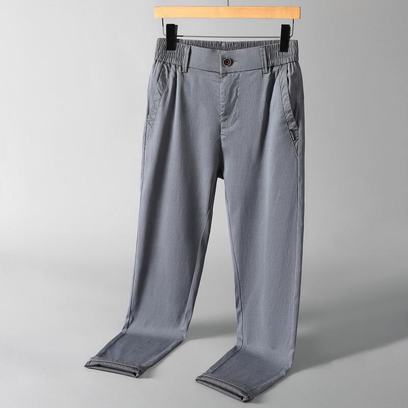 Calça tencel de cintura elástica masculina, calça elástica, tecido de resfriamento, ajuste justo, botão lateral, casual