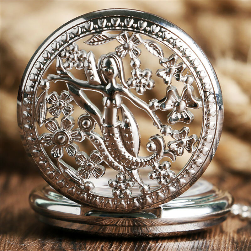 Silver Hollow Out Girl Flower Cover Necklace Chain Men Women Pendant Quartz Pocket Watch Retro Timepiece Arabic Number Display