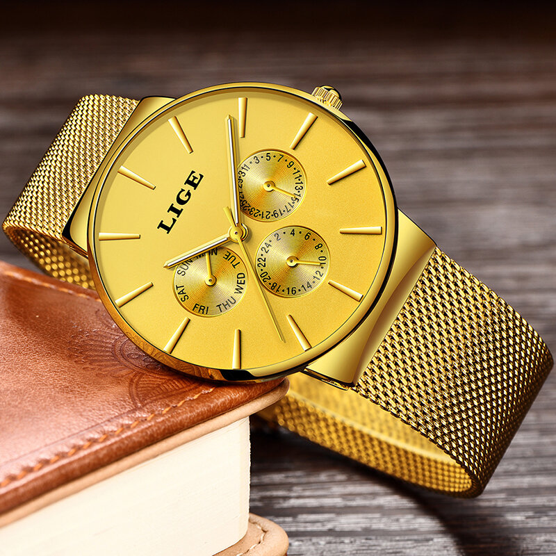 LIGE-reloj analógico de cuarzo para mujer, accesorio de pulsera resistente al agua con calendario, complemento masculino de marca de lujo con diseño clásico de oro rosa, estilo informal y de negocios