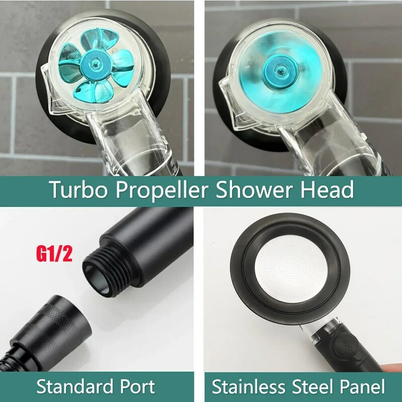 Pommeau de douche à hélice Turbo, affichage de la température, haute pression économie d'eau avec bouton d'arrêt, salle de bain à main