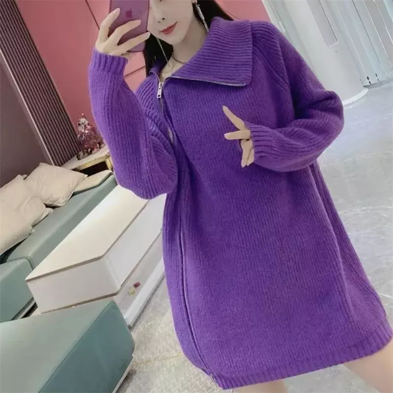 Zippers Slit Turtleneck Knitted Woman Pullover Long Sleeve Losse Office Sweater Clothes Autumn Winter Woman Design Jumper Top