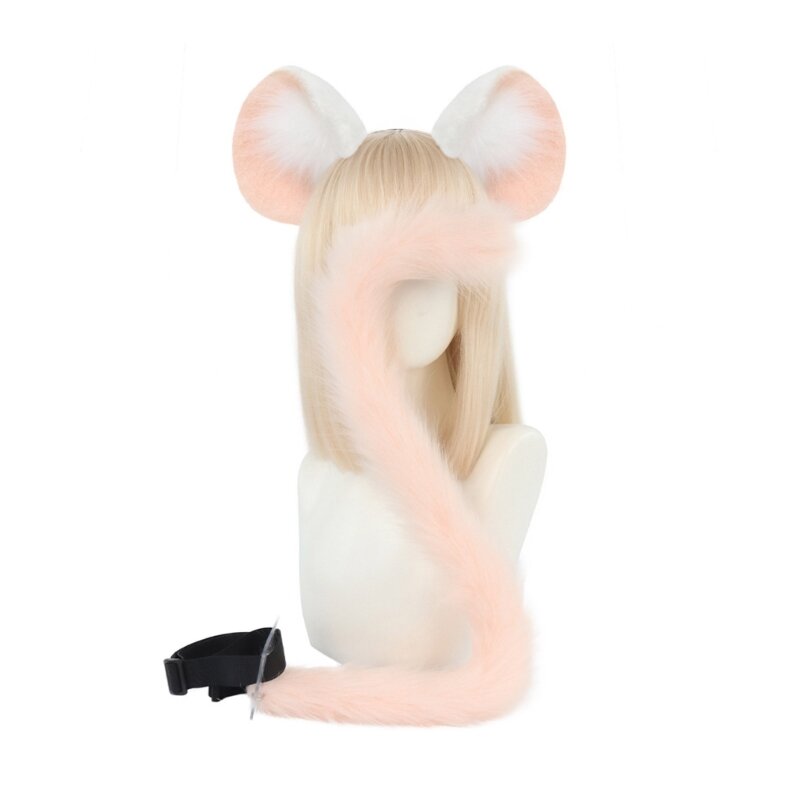 Handmade Plush Mouse Ears Headbands and Faux Furs Tail for Halloween Cosplays Party Costumes Accessorise for Kids Adults