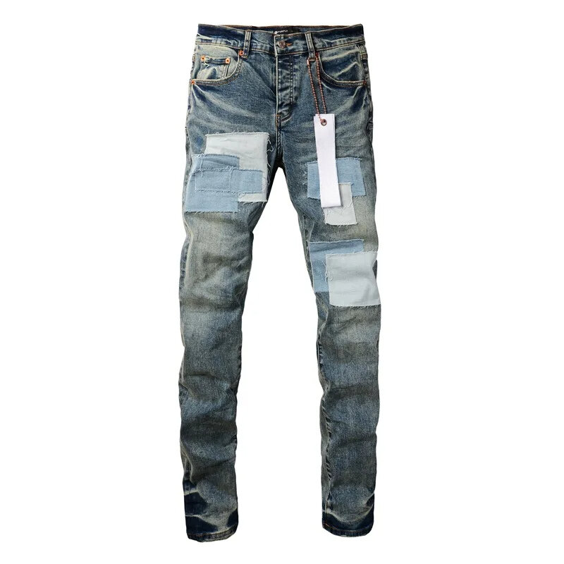 Celana denim jeans merek ROCA ungu dengan tambalan jalan tinggi terbuat dari tambalan lama celana Denim kurus naik rendah perbaikan kain