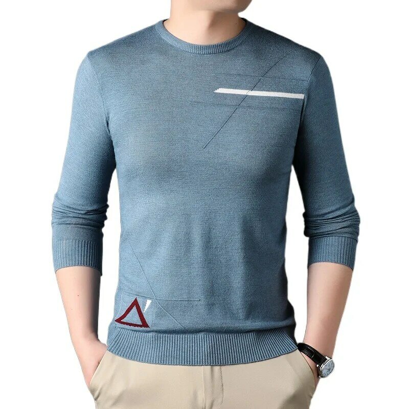メンズスリムニットトライアングルセーター、長袖、単色ラウンドネック、快適な毎日のセーター、2023