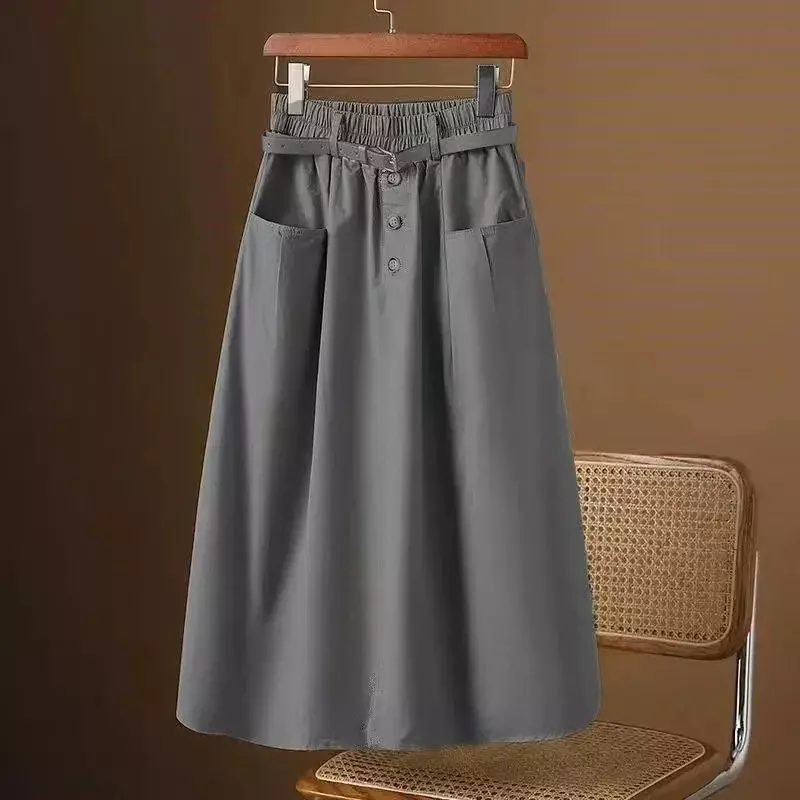 2024 New Spring Autumn Women's Skirt Solid All-match Pockets Elasticity High Waist A-line Casual Fashion Big Swing Skirt
