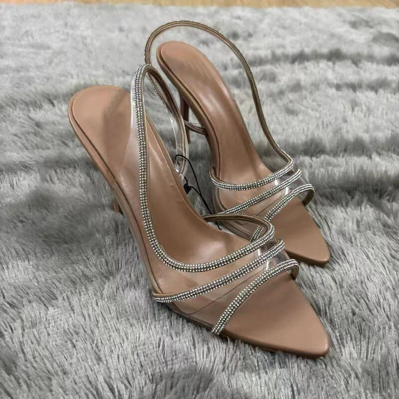 2024 Summer New Women's Shoes Natural Color Bright Light Embedding High Heels Slim Heels Sandals Transparent Pointed Shoes