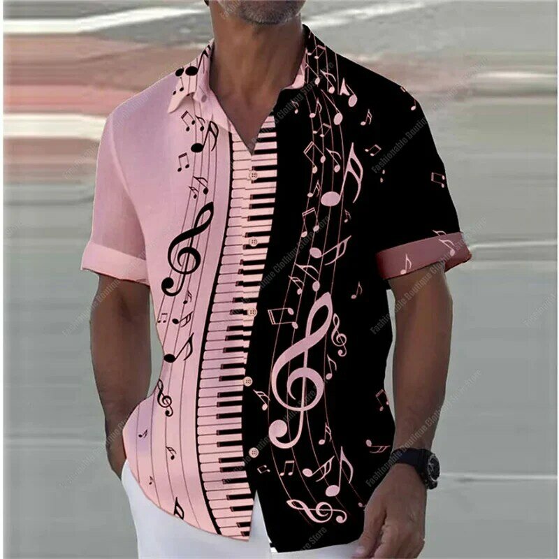 Zomer Heren Shirt Piano Muzieknotities 3d Print Street Fashion Oversized Revers Shirt Met Korte Mouwen XS-5XL