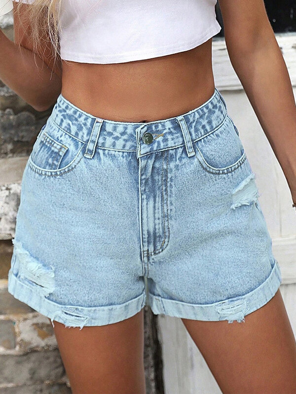 Benuynffy Vintage Rolled Hem Ripped Jeans Shorts Women Fashion Summer 2024 New Casual Streetwear High Waist Denim Shorts Female