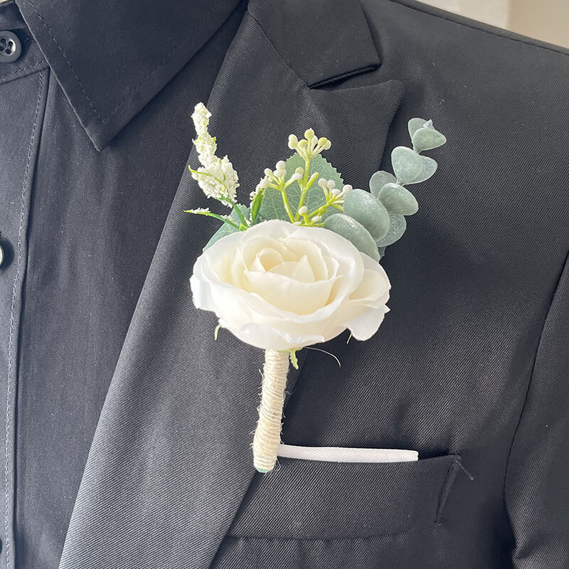 Bros bunga buatan mawar pengantin pria, Aksesori pernikahan korsase pergelangan tangan pengiring pengantin putih