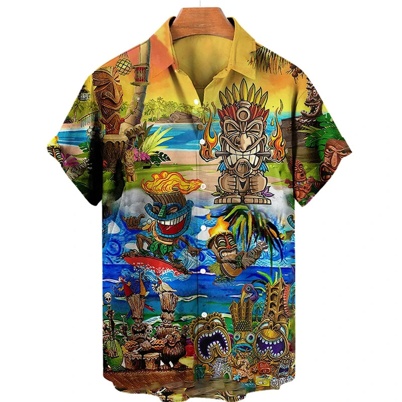Tiki Moai 남성용 3D 프린트 하와이안 셔츠, 빈티지 문명 공포 해골 그래픽 블라우스, 캐주얼 Y2k 상의